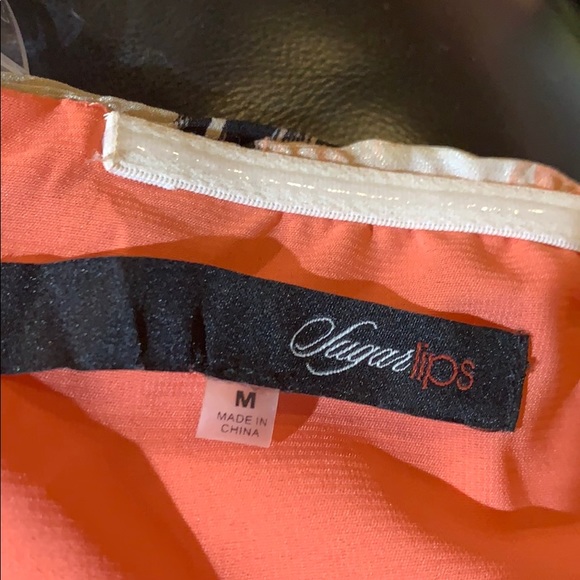 Strapless, high low dress. Peach black, grey print - Picture 5 of 6